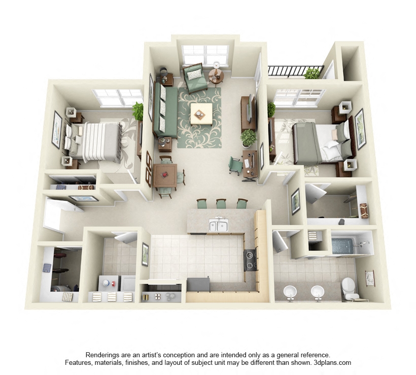 Floor plan for 2 beds, 1 bath, 1023 sqft